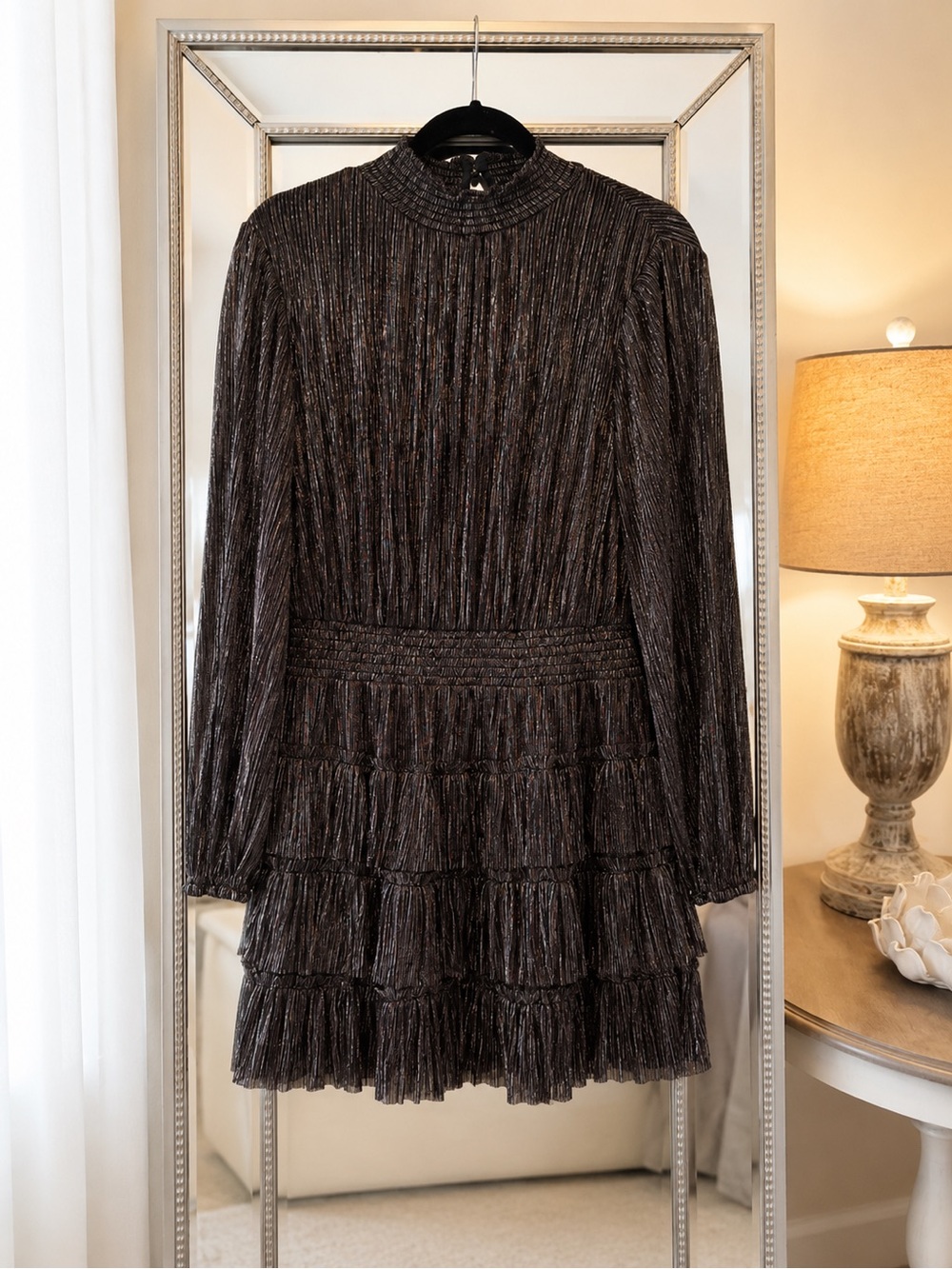 1. State Metallic Black Long-Sleeve Tiered Mini Dress